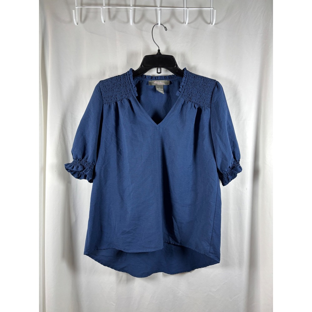 Olivia & Martin Womens Small Navy Blue Smocked V-Neck Ruffle Sleeve Blouse‎ Top